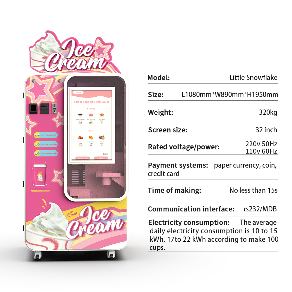 La máquina expendedora automática de helados comercial HUAXIN es una solución inteligente de autoservicio para el comercio minorista, con dispensación rápida de 15 segundos, montaje 0 y uso plug-and - play. Equipado con compresor Embraco y enfriamiento rápido de 5s, admite 59 combinaciones de sabores, limpieza con un solo clic y control remoto de la APP. Con una pequeña huella de 0,91 m2, logra más del 65% de beneficio bruto, ROI de 3 - 4 meses y certificaciones globales CE / ETL / RoHS / CB.