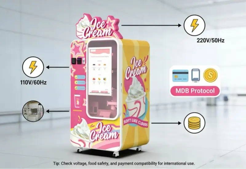 Cómo resolver los problemas de voltaje y cumplimiento para máquinas expendedoras de helados en diferentes países