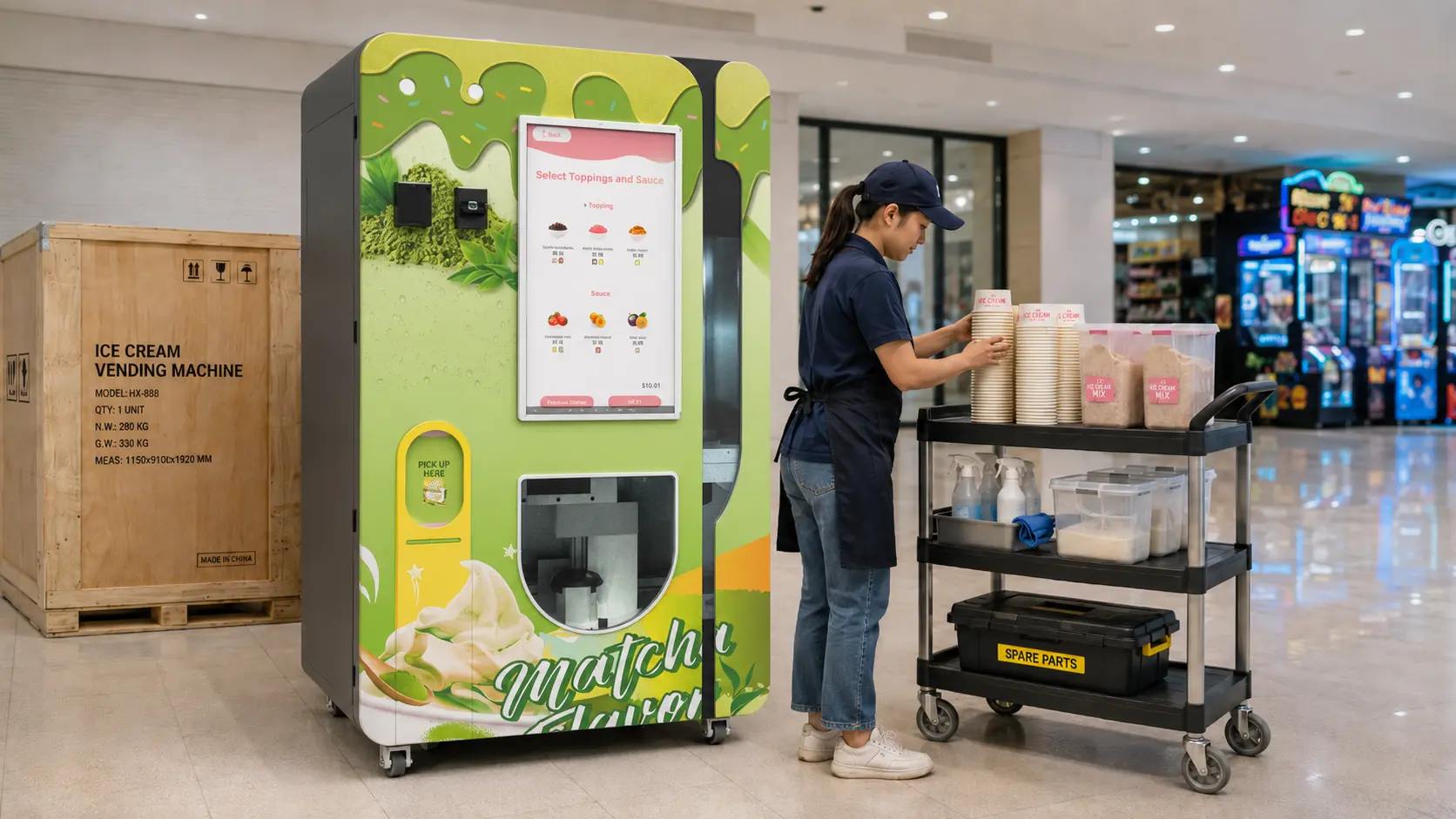 Costo de la máquina expendedora de helados: Máquina, envío, ingredientes y operación