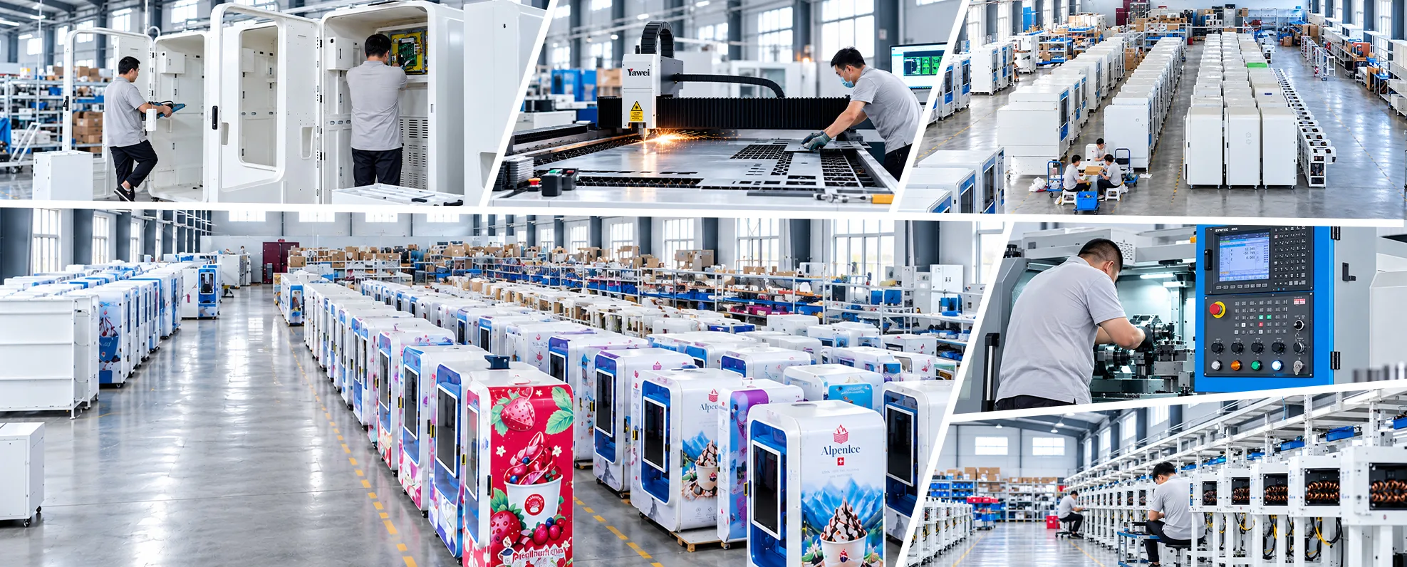 Talleres de la fábrica Huaxin: chapistería, mecanizado CNC, recubrimiento en polvo y ensamblaje final de máquinas expendedoras de helados