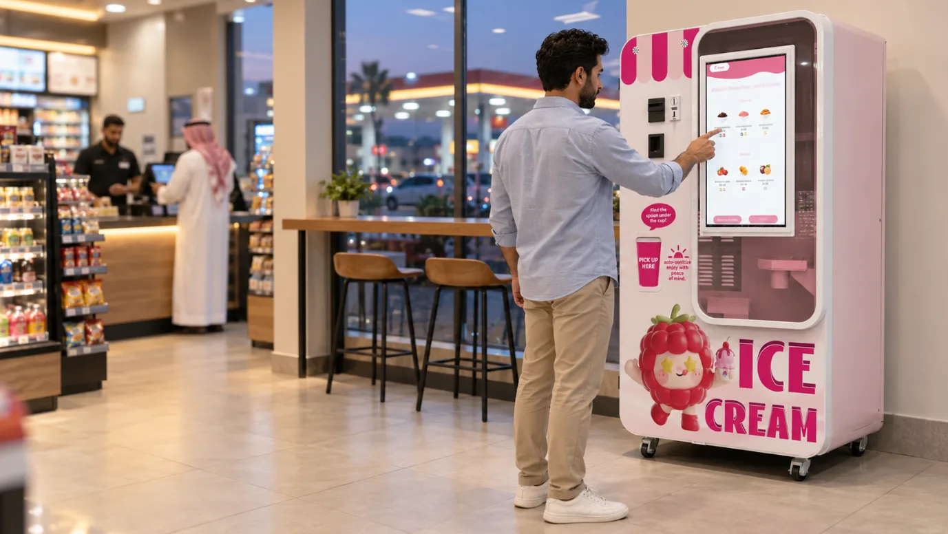 Máquina expendedora de helado Huaxin B83 Max dentro de una estación de servicio, junto al mostrador de ventas, visible desde la caja registradora