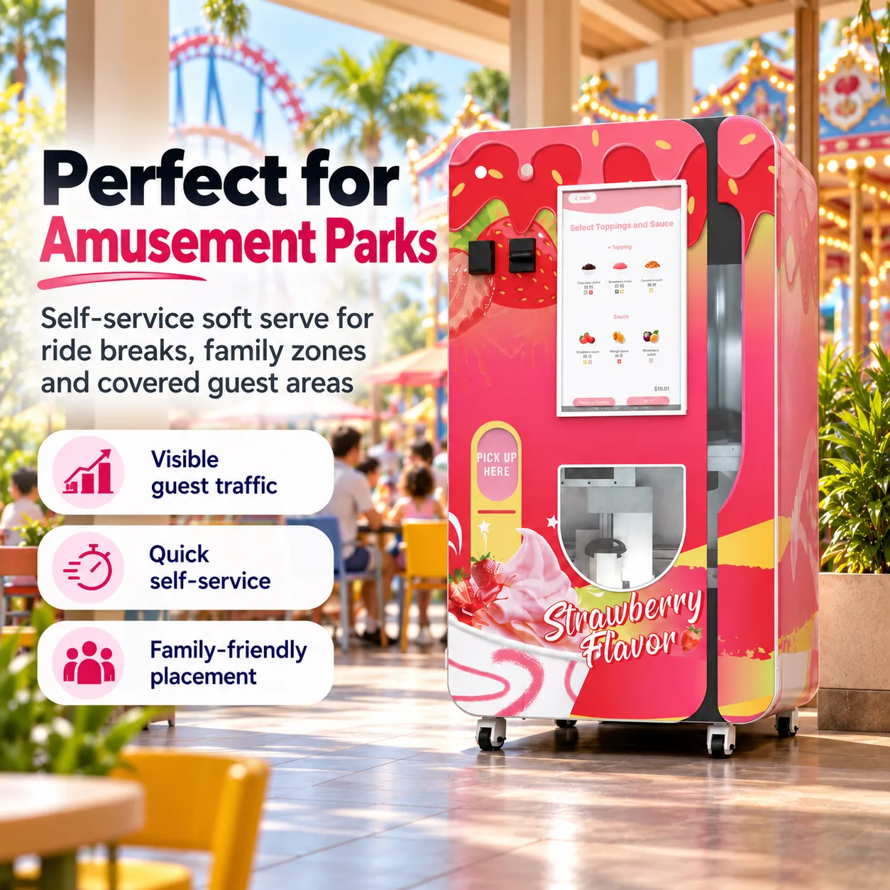 Lleve helado de autoservicio durante los descansos entre los viajes con los modelos Huaxin B86 Max, B85 y B84. El parque cuenta con una marca visible en el exterior del vehículo, además de un sistema de monitoreo remoto para que los operadores del parque puedan supervisar las ventas.
