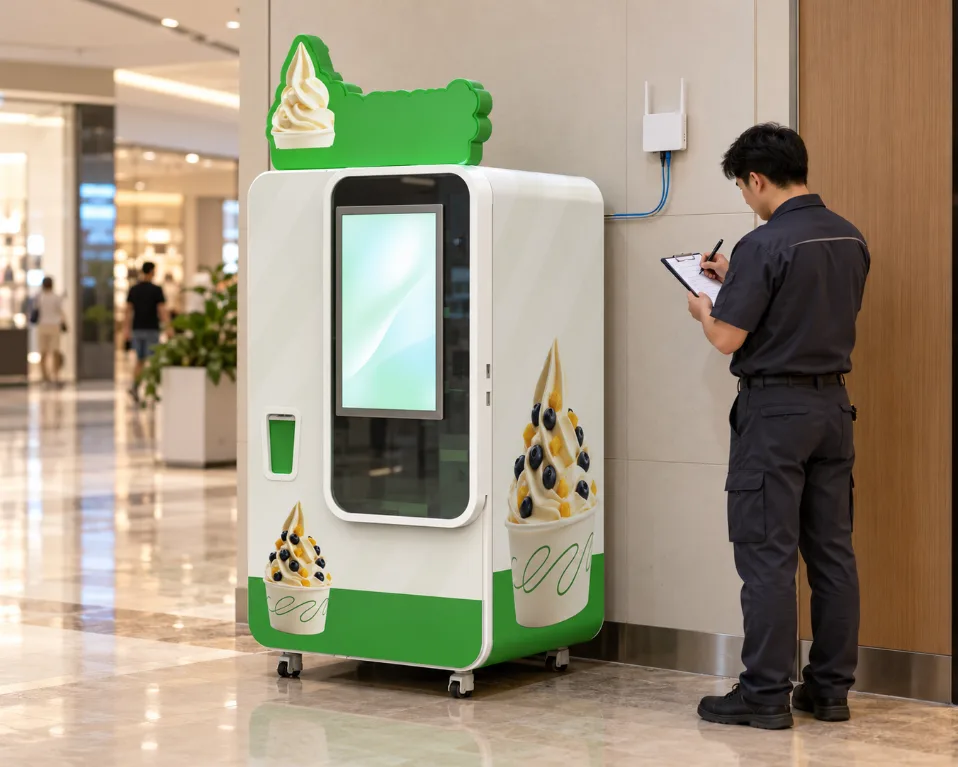 Technician recording a network check beside a Huaxin B83 Max ice cream vending machine before a handover test