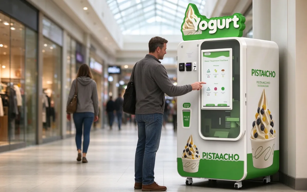 Floor-standing Huaxin B83 Max ice cream vending machine in a shopping mall corridor, with a customer ordering on the touchscreen