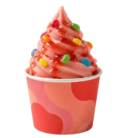 Sorbete rosa de frutas con salsa de frutas y toppings de caramelo coloridos